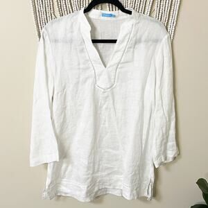 J. McLaughlin 100% Linen White V-Neck Tunic Blouse M